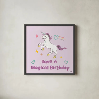 Rainbow Dream VI Magical Birthday by Melissa Averinos. Shown in a sleek black glass frame for a contemporary gallery look. Available as an archival giclee rolled canvas, fine art paper, or poster print. SKU 78017a.