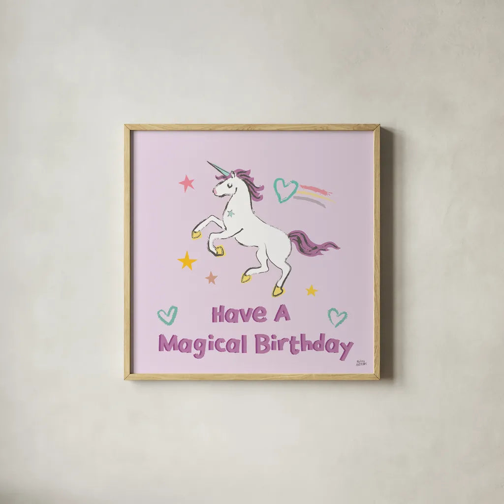 Rainbow Dream VI Magical Birthday by Melissa Averinos. Shown in a natural wood glass frame for a timeless modern aesthetic. Available as an archival giclee rolled canvas, fine art paper, or poster print. SKU 78017a.