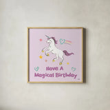 Rainbow Dream VI Magical Birthday by Melissa Averinos. Shown in a natural wood glass frame for a timeless modern aesthetic. Available as an archival giclee rolled canvas, fine art paper, or poster print. SKU 78017a.