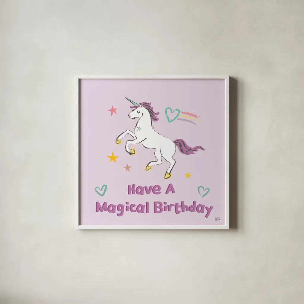 Rainbow Dream VI Magical Birthday by Melissa Averinos. Shown in a crisp white glass frame for a clean and minimalist style. Available as an archival giclee rolled canvas, fine art paper, or poster print. SKU 78017a.