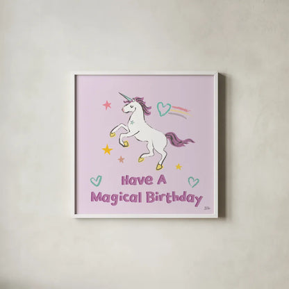 Rainbow Dream VI Magical Birthday by Melissa Averinos. Shown in a crisp white glass frame for a clean and minimalist style. Available as an archival giclee rolled canvas, fine art paper, or poster print. SKU 78017a.