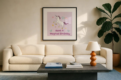 Rainbow Dream VI Magical Birthday by Melissa Averinos. Displayed in a glass frame with matte in a clean modern living room. Available as an archival giclee rolled canvas, fine art paper, or poster print. SKU 78017a.