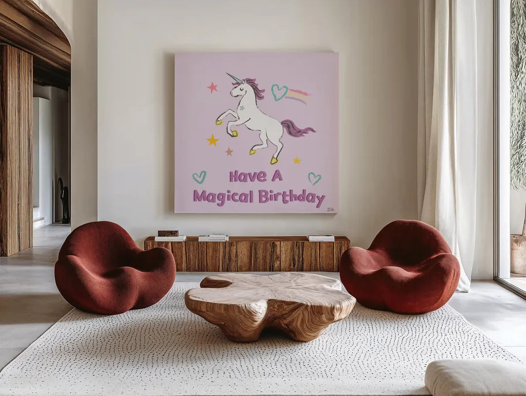 Rainbow Dream VI Magical Birthday by Melissa Averinos. Shown as extra-large giant wall art in a modern living room. Available as an archival giclee rolled canvas, fine art paper, or poster print. SKU 78017a.