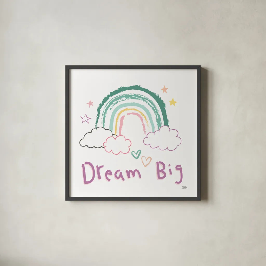 Rainbow Dream VII by Melissa Averinos. Shown in a sleek black glass frame for a contemporary gallery look. Available as an archival giclee rolled canvas, fine art paper, or poster print. SKU 73629a.