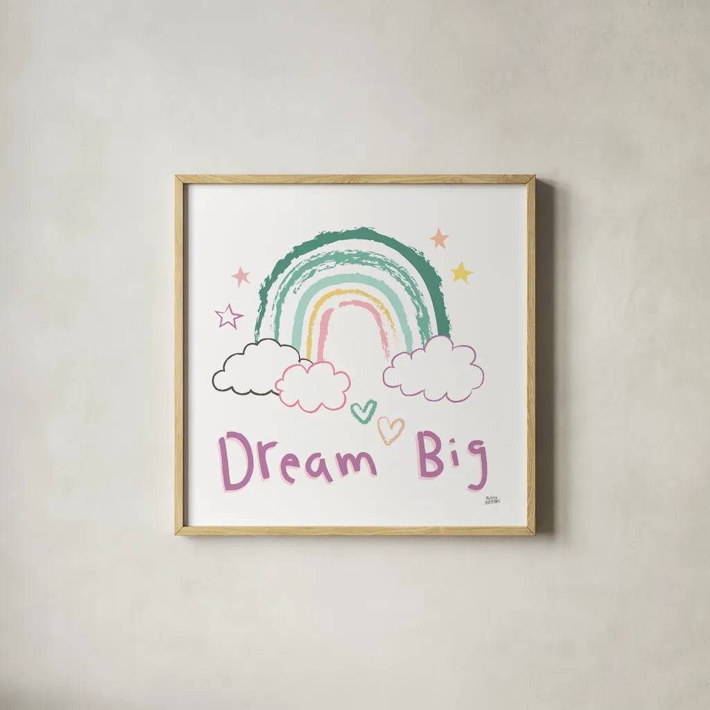 Rainbow Dream VII by Melissa Averinos. Shown in a natural wood glass frame for a timeless modern aesthetic. Available as an archival giclee rolled canvas, fine art paper, or poster print. SKU 73629a.