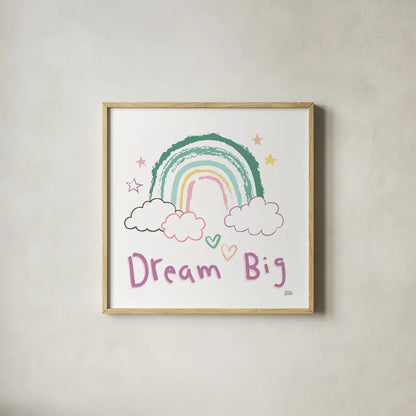 Rainbow Dream VII by Melissa Averinos. Shown in a natural wood glass frame for a timeless modern aesthetic. Available as an archival giclee rolled canvas, fine art paper, or poster print. SKU 73629a.