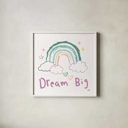 Rainbow Dream VII by Melissa Averinos. Shown in a crisp white glass frame for a clean and minimalist style. Available as an archival giclee rolled canvas, fine art paper, or poster print. SKU 73629a.