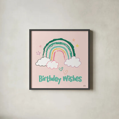 Rainbow Dream VII Birthday Wishes by Melissa Averinos. Shown in a sleek black glass frame for a contemporary gallery look. Available as an archival giclee rolled canvas, fine art paper, or poster print. SKU 78018a.