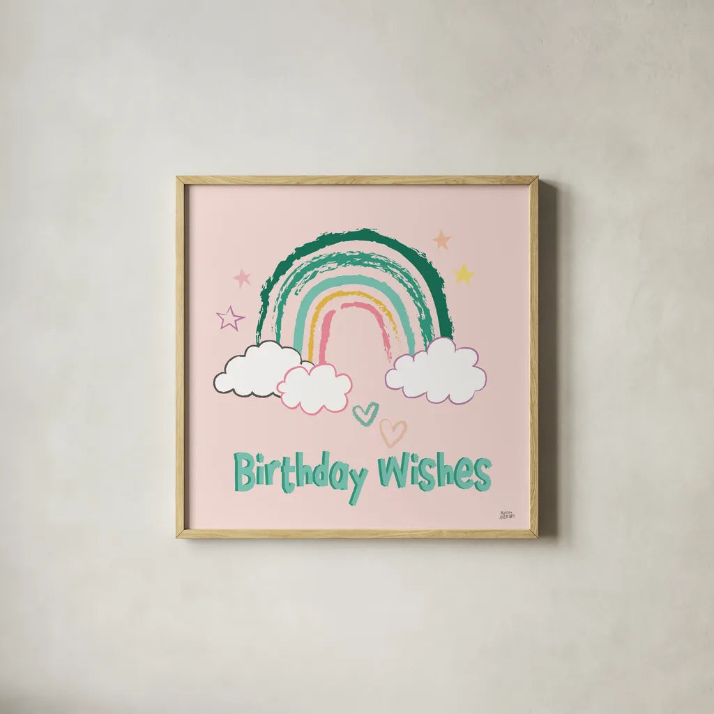 Rainbow Dream VII Birthday Wishes by Melissa Averinos. Shown in a natural wood glass frame for a timeless modern aesthetic. Available as an archival giclee rolled canvas, fine art paper, or poster print. SKU 78018a.