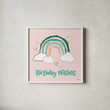 Rainbow Dream VII Birthday Wishes by Melissa Averinos. Shown in a crisp white glass frame for a clean and minimalist style. Available as an archival giclee rolled canvas, fine art paper, or poster print. SKU 78018a.