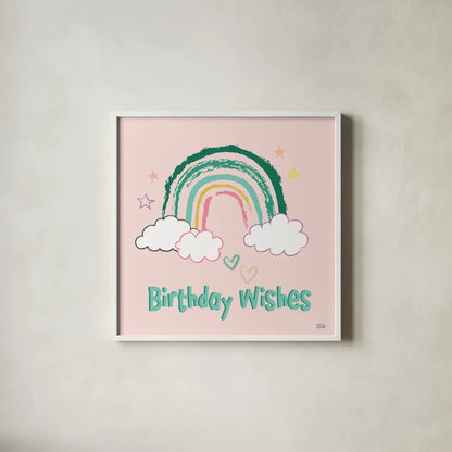 Rainbow Dream VII Birthday Wishes by Melissa Averinos. Shown in a crisp white glass frame for a clean and minimalist style. Available as an archival giclee rolled canvas, fine art paper, or poster print. SKU 78018a.