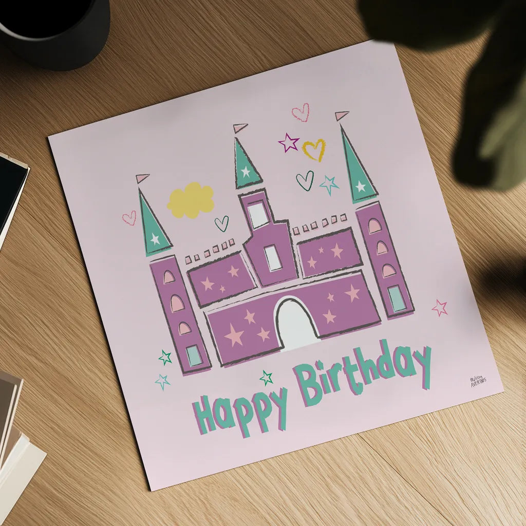 Rainbow Dream VIII Happy Birthday by Melissa Averinos. Shown as a detailed flat fine art print, highlighting archival giclee quality. Available as an archival giclee rolled canvas, fine art paper, or poster print. SKU 78019a.