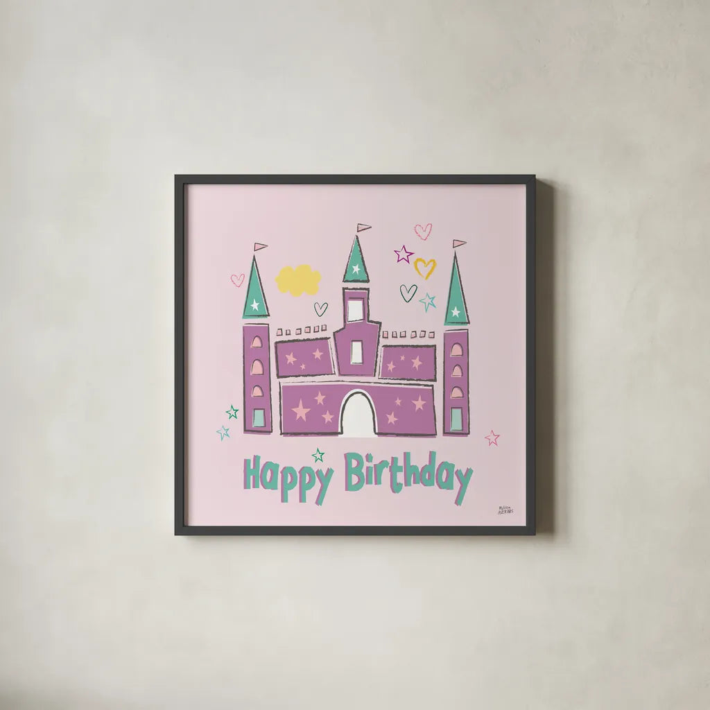 Rainbow Dream VIII Happy Birthday by Melissa Averinos. Shown in a sleek black glass frame for a contemporary gallery look. Available as an archival giclee rolled canvas, fine art paper, or poster print. SKU 78019a.