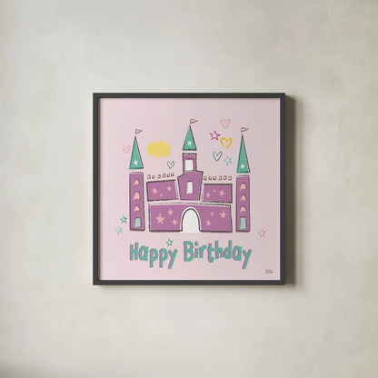 Rainbow Dream VIII Happy Birthday by Melissa Averinos. Shown in a sleek black glass frame for a contemporary gallery look. Available as an archival giclee rolled canvas, fine art paper, or poster print. SKU 78019a.