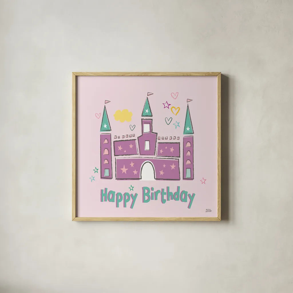 Rainbow Dream VIII Happy Birthday by Melissa Averinos. Shown in a natural wood glass frame for a timeless modern aesthetic. Available as an archival giclee rolled canvas, fine art paper, or poster print. SKU 78019a.