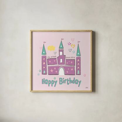 Rainbow Dream VIII Happy Birthday by Melissa Averinos. Shown in a natural wood glass frame for a timeless modern aesthetic. Available as an archival giclee rolled canvas, fine art paper, or poster print. SKU 78019a.