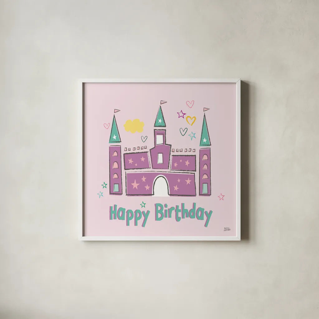 Rainbow Dream VIII Happy Birthday by Melissa Averinos. Shown in a crisp white glass frame for a clean and minimalist style. Available as an archival giclee rolled canvas, fine art paper, or poster print. SKU 78019a.