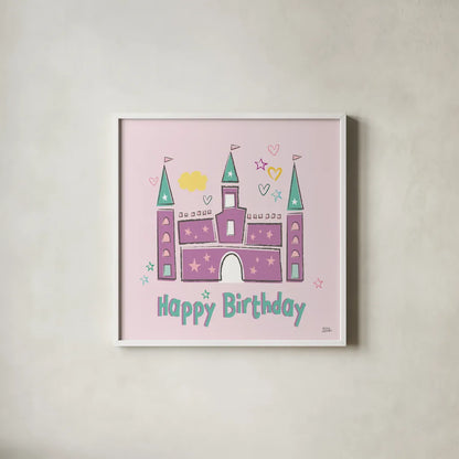 Rainbow Dream VIII Happy Birthday by Melissa Averinos. Shown in a crisp white glass frame for a clean and minimalist style. Available as an archival giclee rolled canvas, fine art paper, or poster print. SKU 78019a.