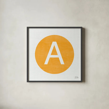 Retro Subway Symbol III by Melissa Averinos. Shown in a sleek black glass frame for a contemporary gallery look. Available as an archival giclee rolled canvas, fine art paper, or poster print. SKU 59445a.