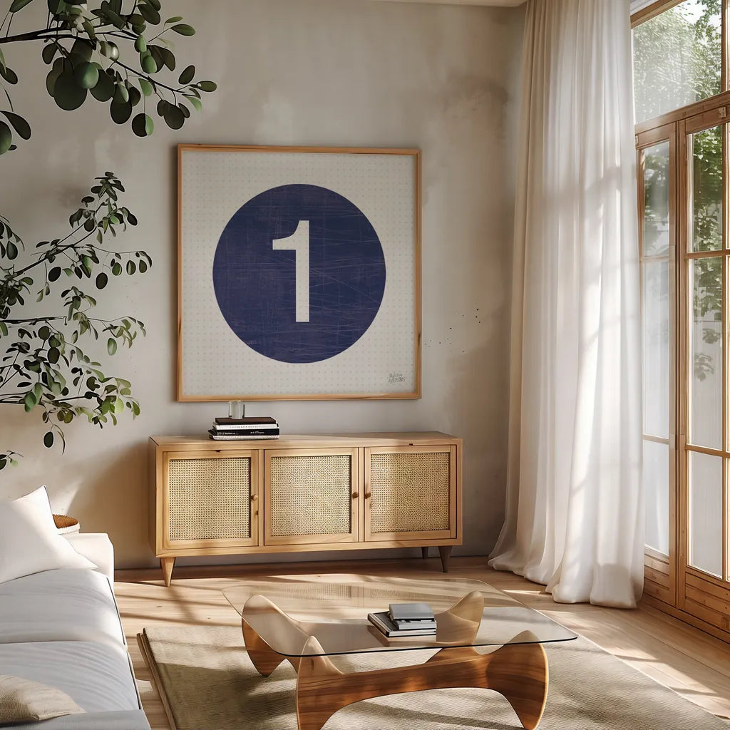 Retro Subway Symbol IV by Melissa Averinos. Shown in a natural wood frame in a cozy modern living room. Available as an archival giclee rolled canvas, fine art paper, or poster print. SKU 59446a.