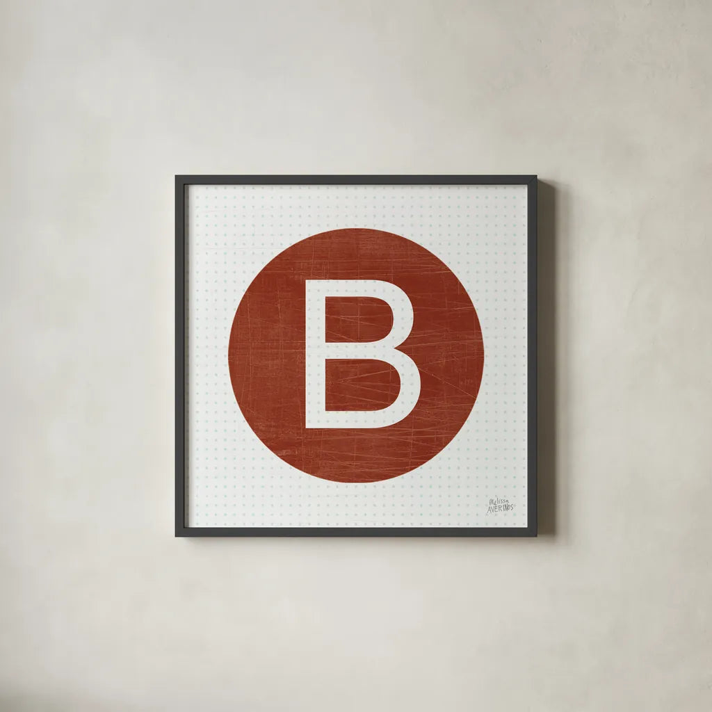 Retro Subway Symbol V by Melissa Averinos. Shown in a sleek black glass frame for a contemporary gallery look. Available as an archival giclee rolled canvas, fine art paper, or poster print. SKU 59447a.
