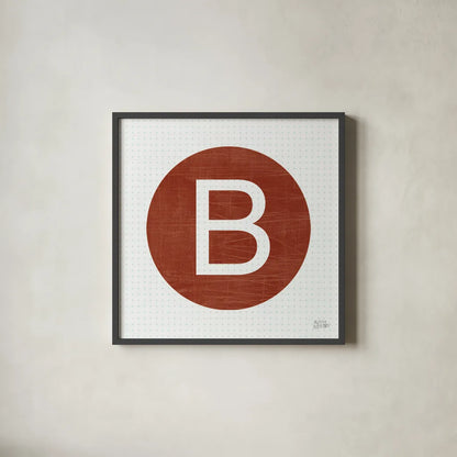 Retro Subway Symbol V by Melissa Averinos. Shown in a sleek black glass frame for a contemporary gallery look. Available as an archival giclee rolled canvas, fine art paper, or poster print. SKU 59447a.