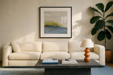 River Town by Melissa Averinos. Displayed in a glass frame with matte in a clean modern living room. Available as an archival giclee rolled canvas, fine art paper, or poster print. SKU 64354a.