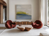 River Town by Melissa Averinos. Shown as extra-large giant wall art in a modern living room. Available as an archival giclee rolled canvas, fine art paper, or poster print. SKU 64354a.