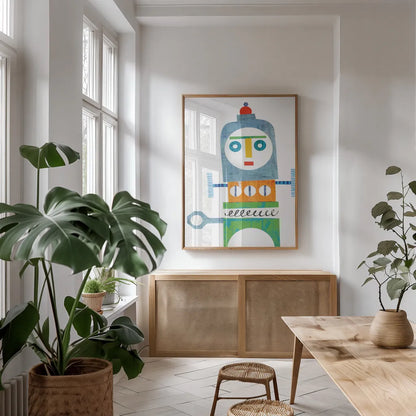 Robot Party Element III by Melissa Averinos. shown as a print in a natural wood frame in a dining room. Available as a archival giclee rolled canvas, fine art paper, or poster print. SKU 30687h.