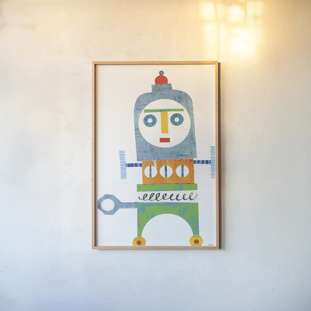 Robot Party Element III by Melissa Averinos. shown as a paper print in a natural frame. Available as a archival giclee rolled canvas, fine art paper, or poster print. SKU 30687h.