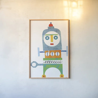 Robot Party Element III by Melissa Averinos. shown as a paper print in a natural frame. Available as a archival giclee rolled canvas, fine art paper, or poster print. SKU 30687h.