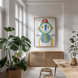 Robot Party Element IV by Melissa Averinos. shown as a print in a natural wood frame in a dining room. Available as a archival giclee rolled canvas, fine art paper, or poster print. SKU 30686h.