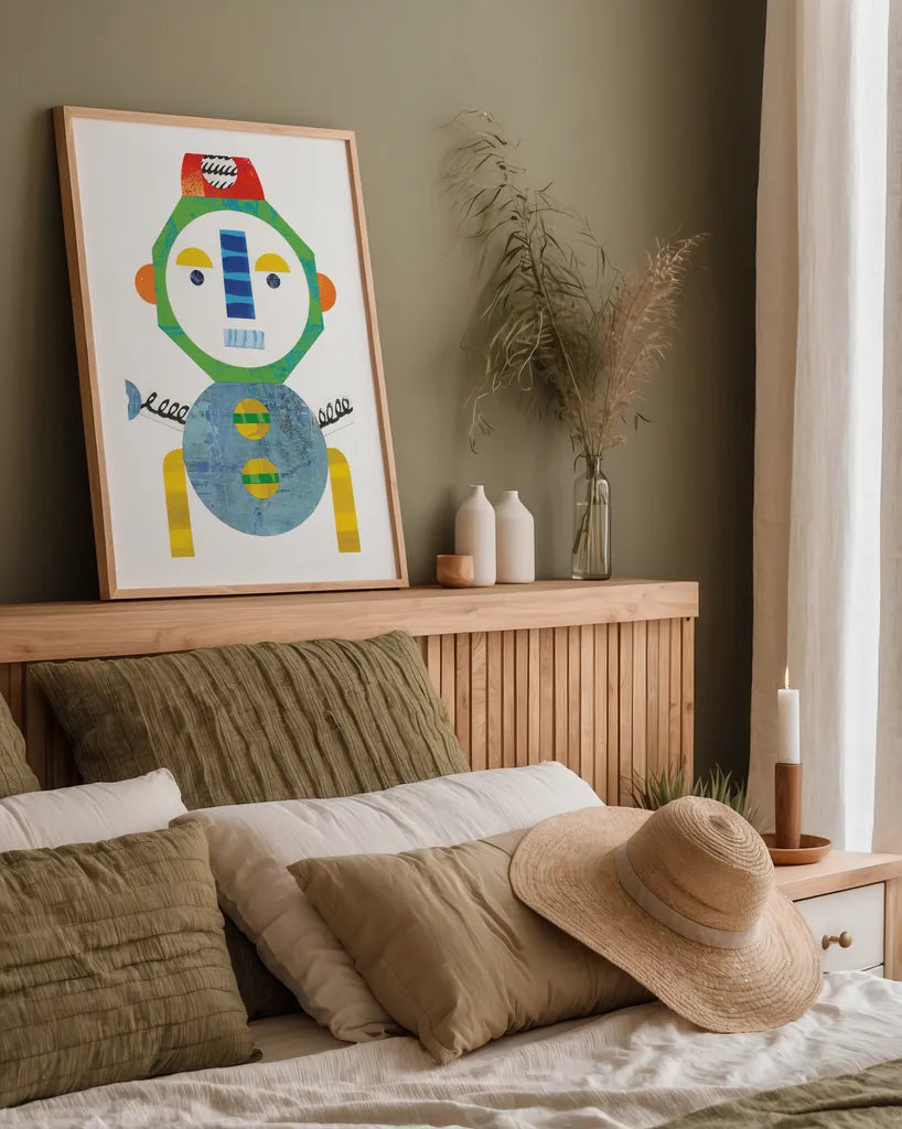 Robot Party Element IV by Melissa Averinos. shown as a paper print in a natural frame. Available as a archival giclee rolled canvas, fine art paper, or poster print. SKU 30686h.