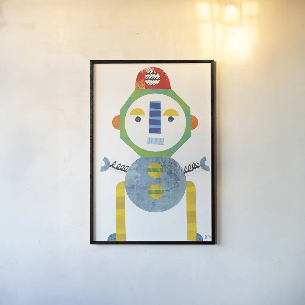 Robot Party Element IV by Melissa Averinos. shown as a paper print in a black flame. Available as a archival giclee rolled canvas, fine art paper, or poster print. SKU 30686h.