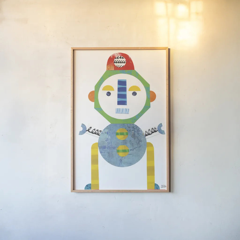 Robot Party Element IV by Melissa Averinos. shown as a paper print in a natural frame. Available as a archival giclee rolled canvas, fine art paper, or poster print. SKU 30686h.