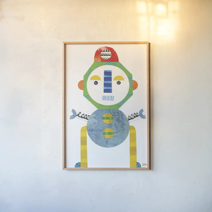 Robot Party Element IV by Melissa Averinos. shown as a paper print in a natural frame. Available as a archival giclee rolled canvas, fine art paper, or poster print. SKU 30686h.