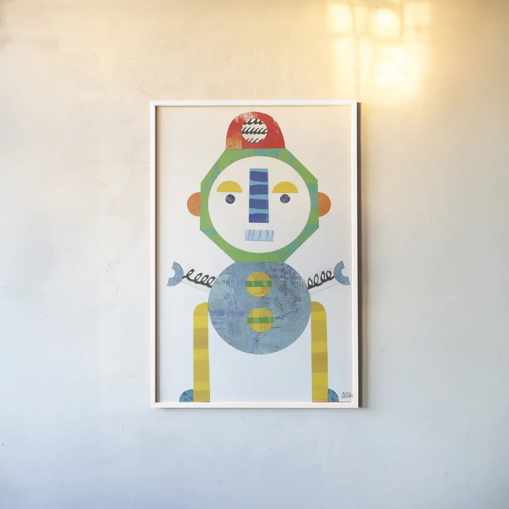 Robot Party Element IV by Melissa Averinos. shown as a paper print in a white frame. Available as a archival giclee rolled canvas, fine art paper, or poster print. SKU 30686h.