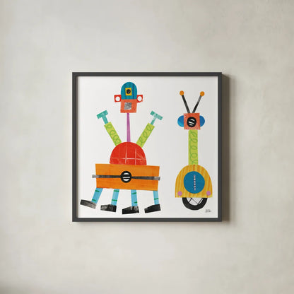 Robot Party Element VII by Melissa Averinos. Shown in a sleek black glass frame for a contemporary gallery look. Available as an archival giclee rolled canvas, fine art paper, or poster print. SKU 30683a.