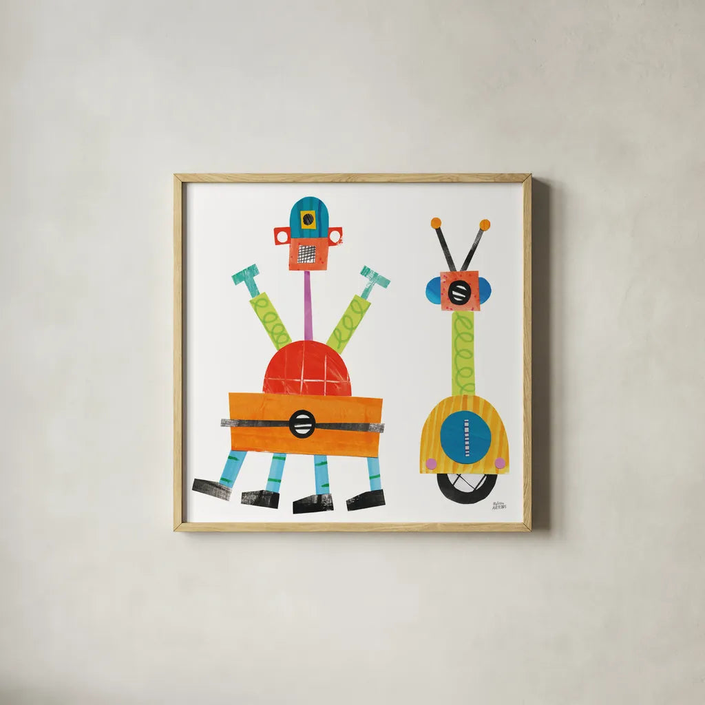 Robot Party Element VII by Melissa Averinos. Shown in a natural wood glass frame for a timeless modern aesthetic. Available as an archival giclee rolled canvas, fine art paper, or poster print. SKU 30683a.