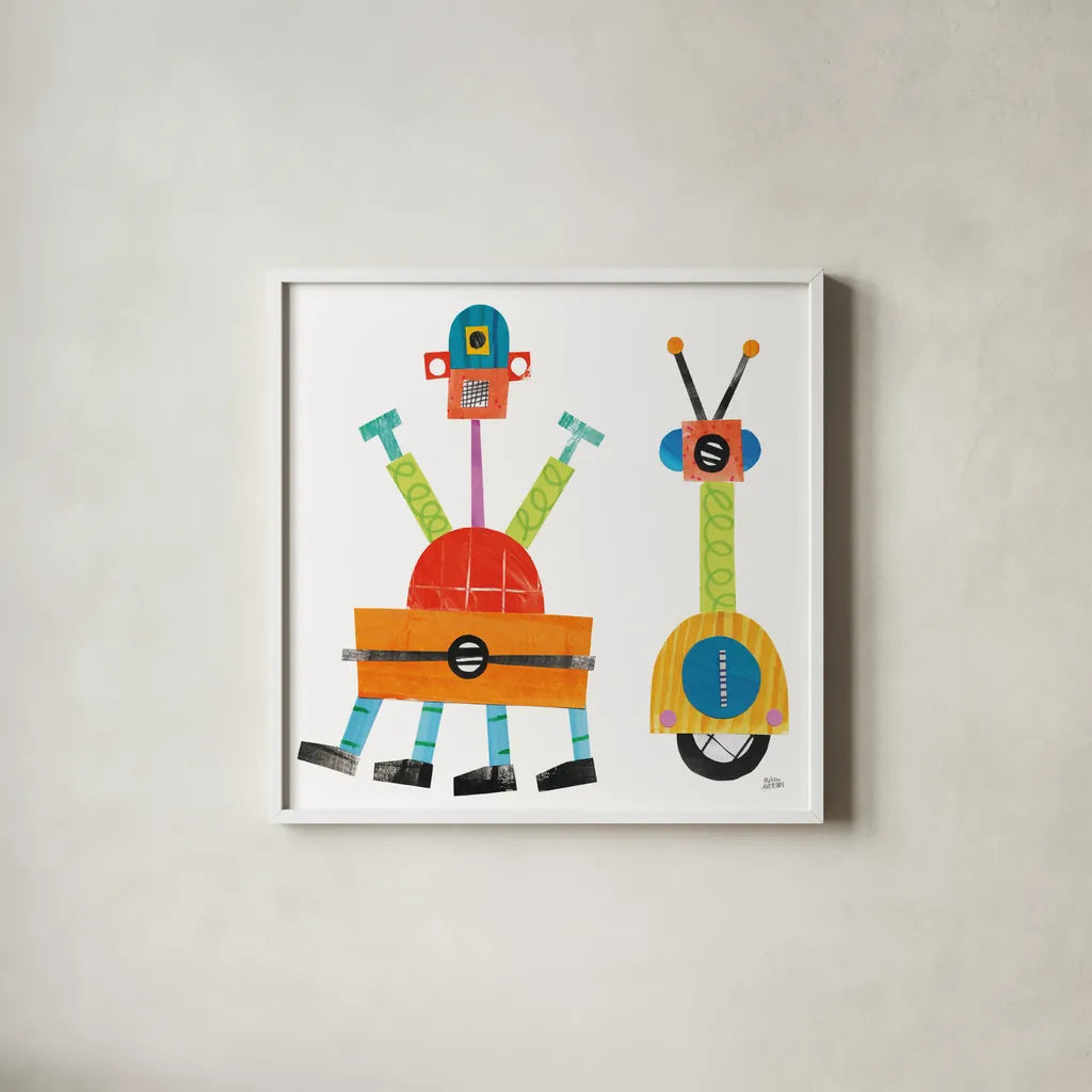 Robot Party Element VII by Melissa Averinos. Shown in a crisp white glass frame for a clean and minimalist style. Available as an archival giclee rolled canvas, fine art paper, or poster print. SKU 30683a.