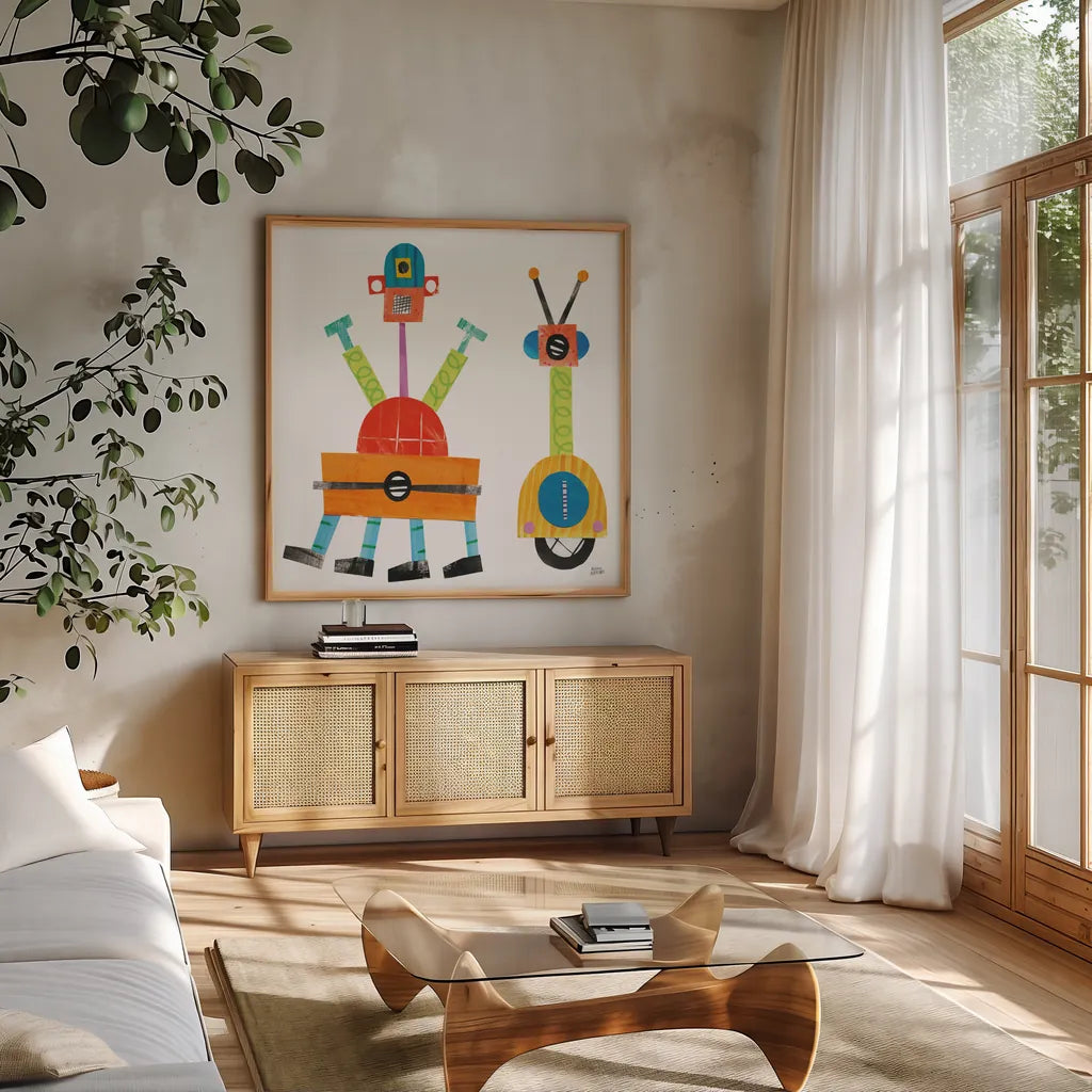 Robot Party Element VII by Melissa Averinos. Shown in a natural wood frame in a cozy modern living room. Available as an archival giclee rolled canvas, fine art paper, or poster print. SKU 30683a.