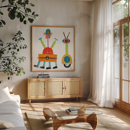 Robot Party Element VII by Melissa Averinos. Shown in a natural wood frame in a cozy modern living room. Available as an archival giclee rolled canvas, fine art paper, or poster print. SKU 30683a.