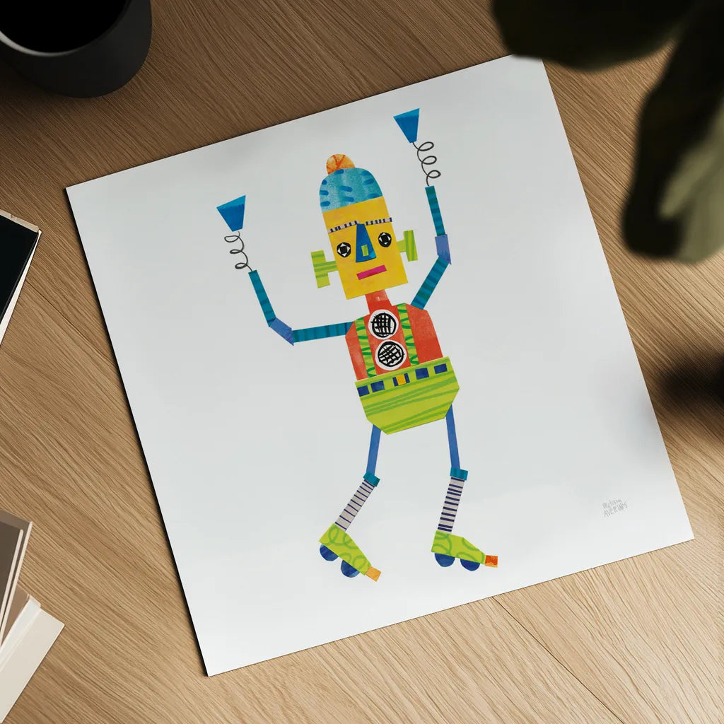 Robot Party I by Melissa Averinos. Shown as a detailed flat fine art print, highlighting archival giclee quality. Available as an archival giclee rolled canvas, fine art paper, or poster print. SKU 28532a.