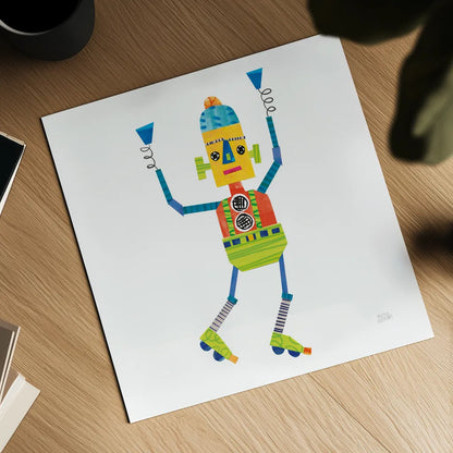 Robot Party I by Melissa Averinos. Shown as a detailed flat fine art print, highlighting archival giclee quality. Available as an archival giclee rolled canvas, fine art paper, or poster print. SKU 28532a.