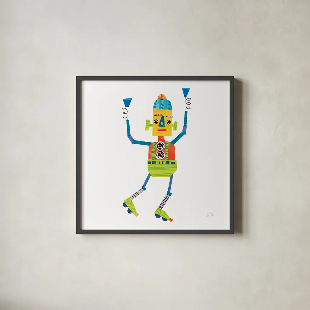 Robot Party I by Melissa Averinos. Shown in a sleek black glass frame for a contemporary gallery look. Available as an archival giclee rolled canvas, fine art paper, or poster print. SKU 28532a.