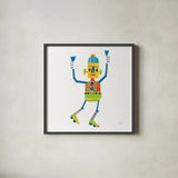 Robot Party I by Melissa Averinos. Shown in a sleek black glass frame for a contemporary gallery look. Available as an archival giclee rolled canvas, fine art paper, or poster print. SKU 28532a.