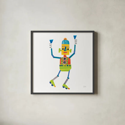 Robot Party I by Melissa Averinos. Shown in a sleek black glass frame for a contemporary gallery look. Available as an archival giclee rolled canvas, fine art paper, or poster print. SKU 28532a.