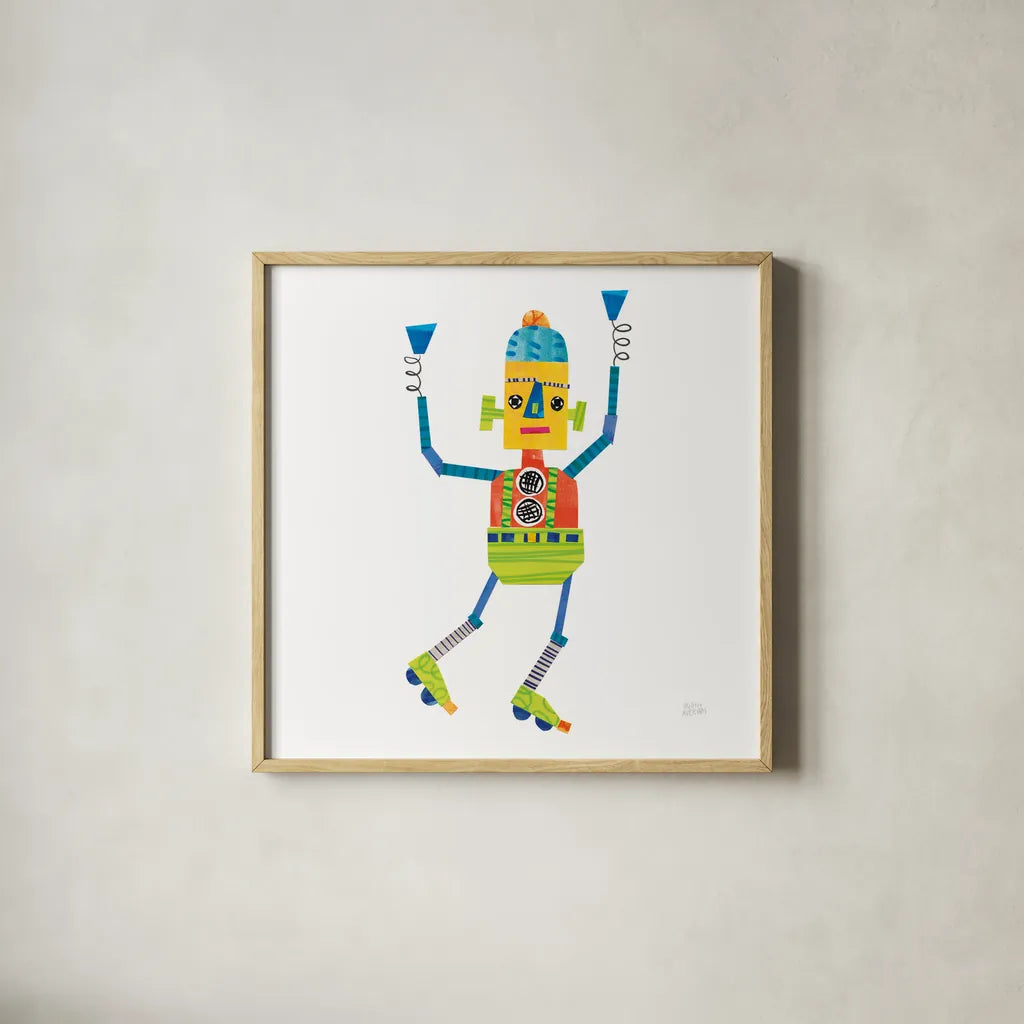 Robot Party I by Melissa Averinos. Shown in a natural wood glass frame for a timeless modern aesthetic. Available as an archival giclee rolled canvas, fine art paper, or poster print. SKU 28532a.