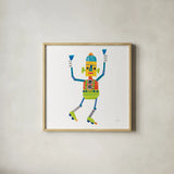 Robot Party I by Melissa Averinos. Shown in a natural wood glass frame for a timeless modern aesthetic. Available as an archival giclee rolled canvas, fine art paper, or poster print. SKU 28532a.