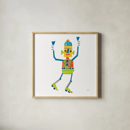 Robot Party I by Melissa Averinos. Shown in a natural wood glass frame for a timeless modern aesthetic. Available as an archival giclee rolled canvas, fine art paper, or poster print. SKU 28532a.